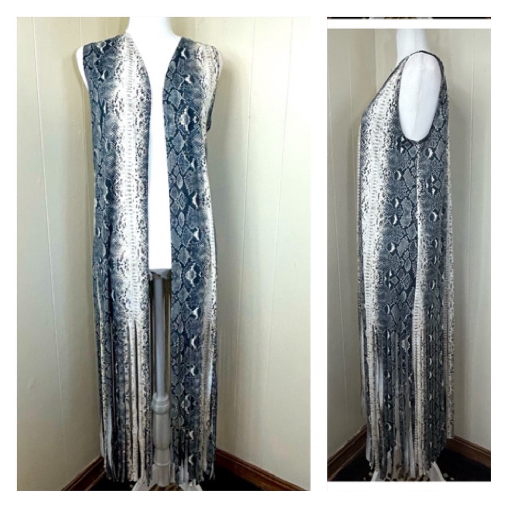 L&B Lucky Blessed Snake Print Sleeveless Fringe Long Duster Cardigan Size Small